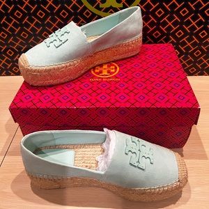 NIB Tory Burch Everly Platform Espadrilles, Soft Aqua